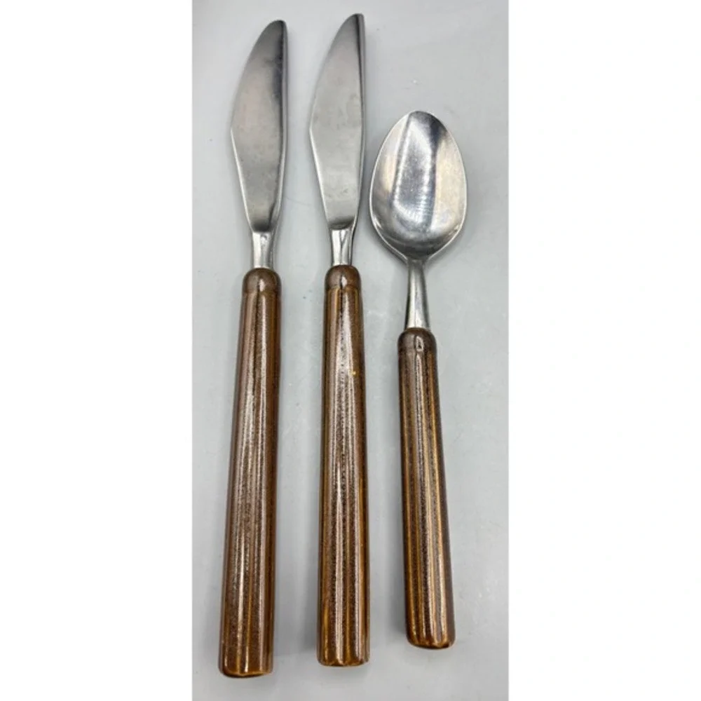 Vtg MCM Georges Briard Stainless Flatware 3 Pc Knife Spoon Brown Ceramic Replace